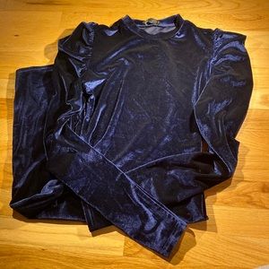 Blue velvet long sleeve puff sleeve midi body con dress